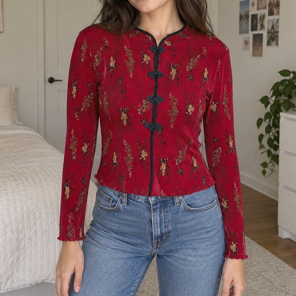 Vtg Red Floral Micro Pleated Frog Closure Top M dressbarn Asian chinese